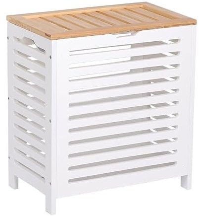 Large White/Oak Wooden Laundry Clothes Bin Basket Rectangle Hamper Storage Bathroom Bedroom Lid White Bathroom Laundry Basket Large Bin Storage Home Organizer with Lid H55 x W50 x D30.5cm
