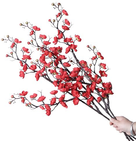 cn-Knight Lot de 3 tiges de fleurs artificielles soyeuses de 94 cm, type prunier chinois, abricotier japonais - Pour décoration d’intérieur, centre de table, réception, hôtel, restaurant (Rouge)
