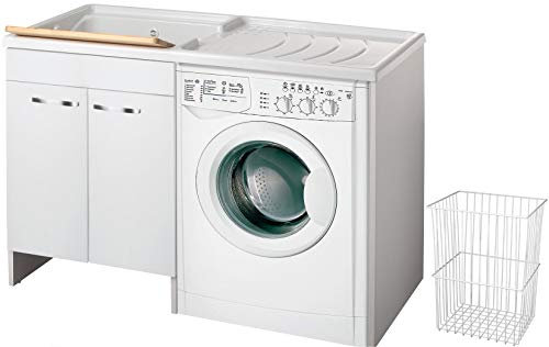 Negrari Classique Lavabo à linge monté baignoire gauche machine à laver droite blanc porte battante charnières fermeture ralentie meuble lavabo polypropylène axe pin panier L124 P60 124 x 60 H 92 cm