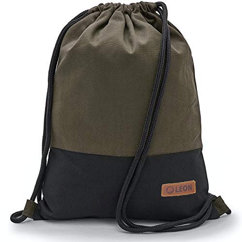 By Bers LEON Turnbeutel mit Innentaschen -Khaki/Olive- einfarbiges Design Rucksack Beutel Tasche Damen Herren & Teenager Gym Bag Hipster (Olive_schwStoff)