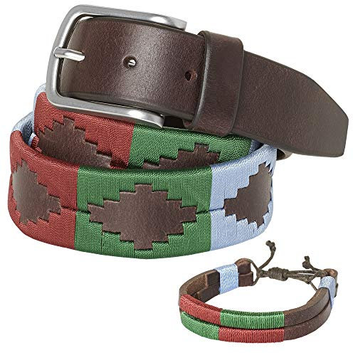 PELPE - Cinturón argentino de piel, con pulsera de hilo y cuero a juego. Cinturón bordado sobre cuero, para hombre y mujer. Cinturones argentinos Polo.