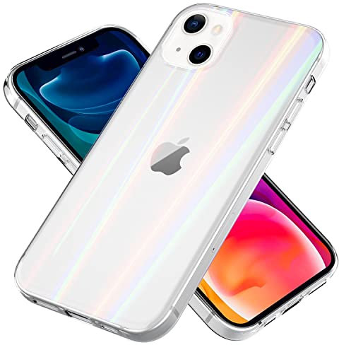 NALIA Klares Hartglas Case kompatibel mit iPhone 13 Hülle, Transparent Regenbogen Effekt Anti-Gelb Kratzfest Tempered Glass & Silikon Bumper, Holografisch Bunt Glänzende Handyhülle Cover Durchsichtig