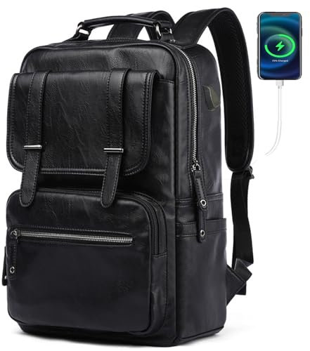 CHAO RAN Sac à dos vintage en cuir pour ordinateur portable pour homme, sac à dos en cuir noir, noir, Large, Sac à dos de voyage universitaire