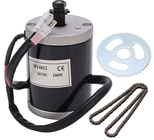 Tissting 24V 100W Bürstenmotor Bausatz Aluminium Hochgeschwindigkeits DC Motor Umbausatz mit 25H98 Abschnitt Kette, 25H55 Zähne (3 Löcher) Kettenblatt für Elektrofahrrad, Dreirad, Motorrad