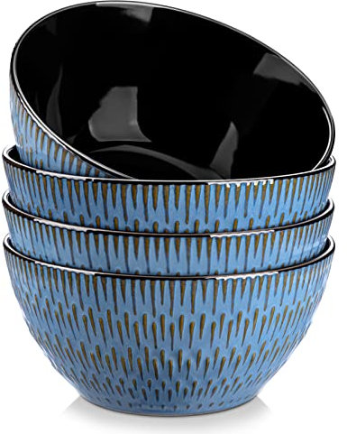 vancasso Pluvo Cereal Bowl, 860ml Soup Bowls Set of 4, Large Stoneware Bowls for Salads, Porridge, Rice, Microwave & Dishwasher Safe Breakfast Bowls, Blue