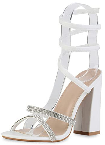 VAN HILL Damen High Heels Sandaletten Party Blockabsatz Schuhe Elegante Strass Absatzschuhe Abendschuhe 211347 Weiss 40