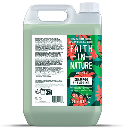 Shampooing Naturel à l'Aloe Vera Faith In Nature, Régénérant, Vegan & Cruelty Free, Sans Parabènes & SLES, Pour Cheveux Normaux à Secs, Recharge de 5L