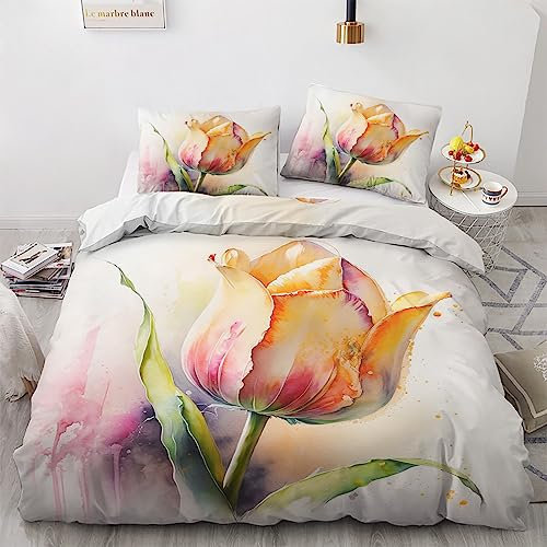 GEDAEUBA Tulpen Bettwäsche 135x200 Sommer - Blumen Bettbezug 135 x 200 2er Set, Wendebettwäsche und Kissenbezug 80x80, Weiche & Atmungsaktive Mikrofaser Bettwäsche-Sets mit Reißverschluss