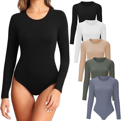 TVKSOM 5/4 Pack Women's Long Sleeve Bodysuits Basic Layering Top,S