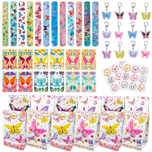BGNXHYB Lot de 48 Petits Cadeaux de Fête Papillon - Sacs Cadeaux - Bracelets Slap - Porte-Clés - Autocollants Faciaux - Pour Décoration d'Anniversaire - Pour Fille - Décoration Papillon