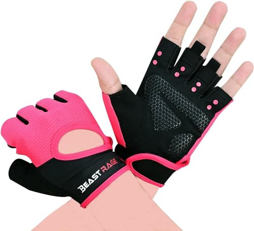 BEAST RAGE Gym Gloves for Men and Women, Breathable Weight Lifting Gloves with Non-Slip Silicon Padded Protection, Ladies Fitness Training Gloves for Workout,Cycling,Fitness Exercises. (PINK, M)