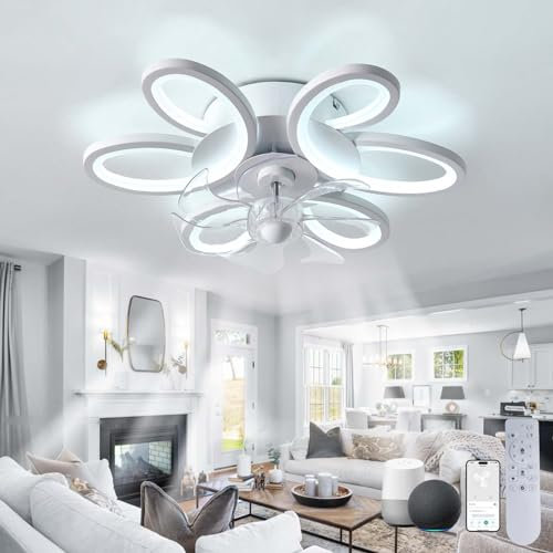 Dceinz LED Fan Light Alexa Silent Dimmable Flower Fan Lights Ceiling for Bedroom Remote Control Reversible Ceiling Fan Light Smart Modern Indoor 65cm Timer for Living Room, Kitchen, Lounge