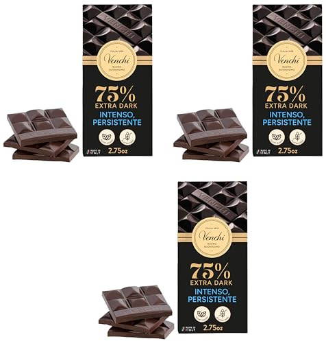 Venchi - Tavoletta Extra Fondente 75%, Miscele di Cacao Selezionate, 78 Gr, Vegano, Senza Glutine, Senza Coloranti e Senza Conservanti (Confezione da 3)