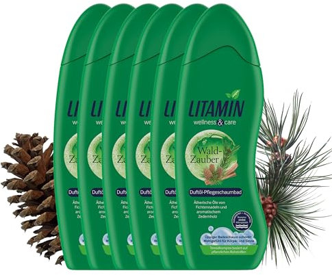 LITAMIN Waldzauber Duft-Pflegeschaumbad 6x750ml - mit ätherischen Ölen von Fichtennadeln und aromatischem Zedernholz reinigt und pflegt die Haut sanft - Rezeptur Mikroplastikfrei