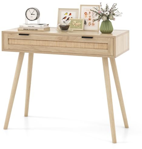 COSTWAY Konsolentisch Rattan, Eingangstisch aus Holz mit Schublade, Flurtisch in Boho Stil, Beistelltisch für Flur, Wohnzimmer, 88 x 40 x 77 cm, Natur