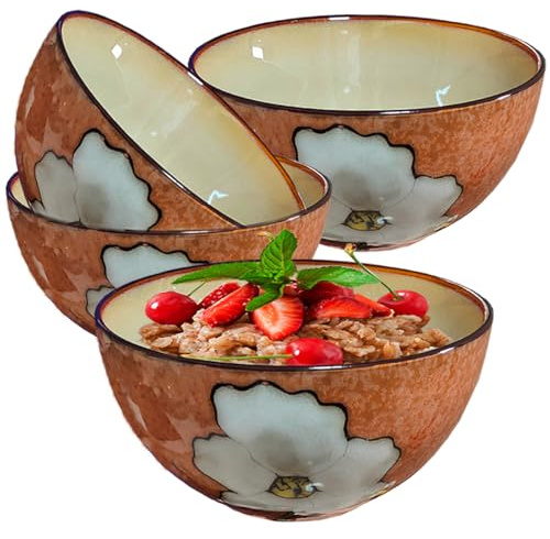 Ceramic Ramen Bowls for Kitchen - 28oz Soup Bowl Set of 4 for Cereal, Oatmeal, Salad, Rice, Serving - Dishwasher Microwave Oven Safe - Special Glazed Pink Flower Retro Bowl for Breakfast, Dinner.