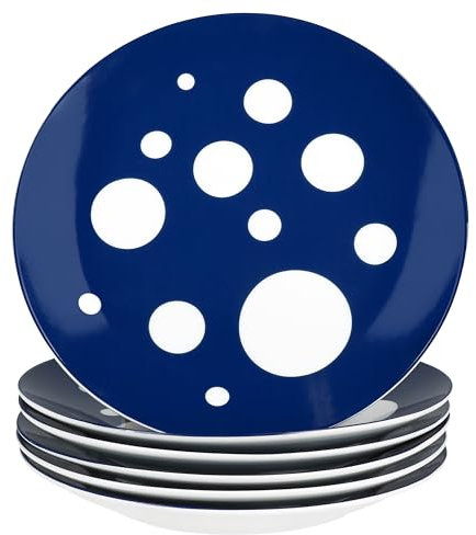 MamboCat Pula - Lot de 6 assiettes à gâteau bleu foncé - Assiettes à petit-déjeuner en porcelaine blanche avec pois pour 6 personnes - Petites assiettes pour salade, dessert, amuse-bouches, etc.