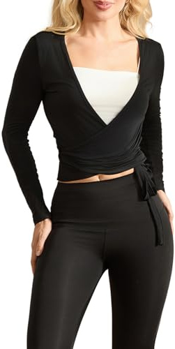 Amiblwova - Maglia avvolgente da donna, a maniche lunghe, per yoga, pilates, allenamento e danza, con laccetto da annodare