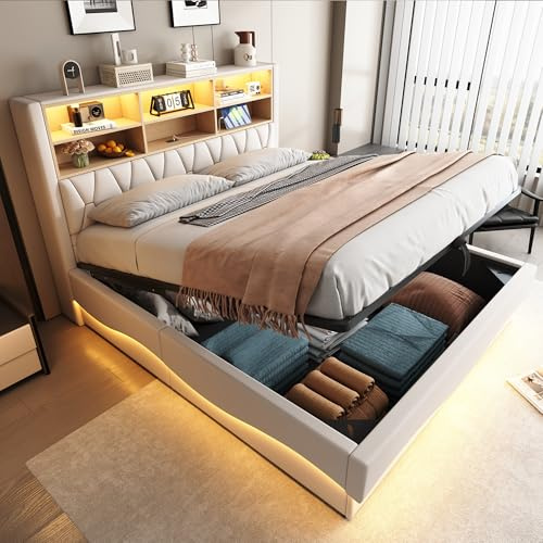 LAKFEW Doppelbett Polsterbett 180x200 cm mit LED-Lichtband und USB-Kopfteil, Hydraulisch Bett mit Stauraum, Bettgestell mit Lattenrost, Schlafzimmer Möbel, Beige, Leinen, Ohne Matratze