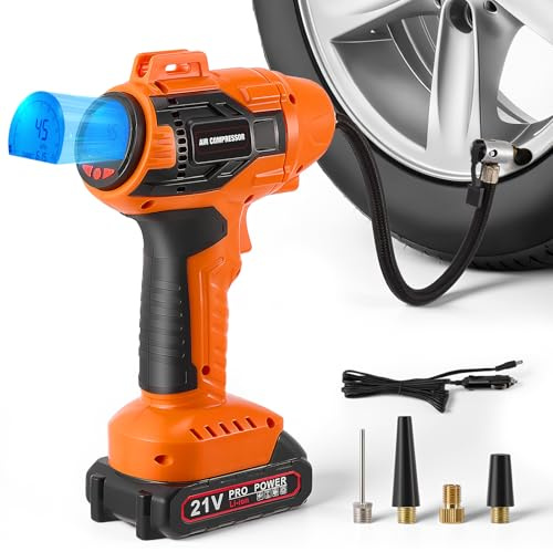 Compresor de Aire Portátil para Baterías, Inflador Automático con Manómetro Digital, Bomba de Aire para Coche, Moto, Bicicleta, Balón Deportivo, Sistema de Alimentación Dual, Luz LED, Amarillo