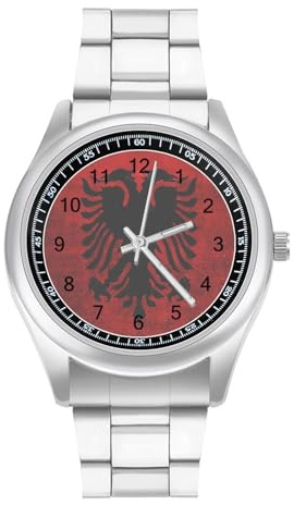 Albanische Flagge, stilvolle Herren-Armbanduhr, analog, Quarz, Edelstahlband, wasserdicht, Business-Uhr