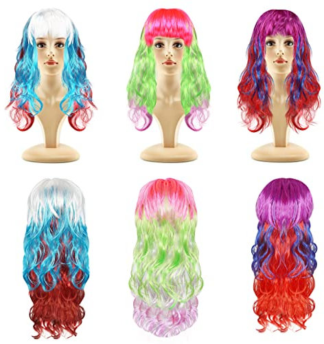 Kurtzy Perücke, mehrfarbig, lang, gewellt (3 Stück) – Regenbogen-Perücke, 68 cm, gelockt, mit Fransen und Haarnetz – Kunsthaarperücke für Halloween, Verkleidung & Cosplay für Mädchen & Frauen