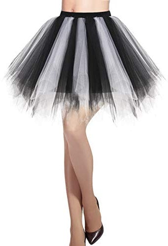 DRESSTELLS Karneval Kostüm Tüllrock Tütü Rock Fasching Cosplay Röcke Schwarz Weiß Kurz 80er Party Unterrock Ballett Tanzkleid Petticoat Black-White L