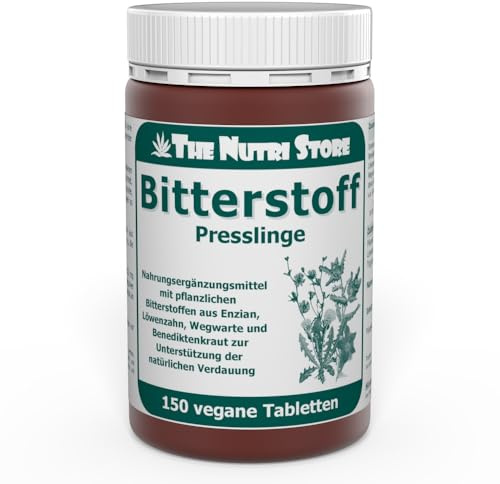 Bitterstoff vegane Tabletten 150 Stk. - Enzian, Löwenzahn, Wegwarte, Benediktenkraut - je 400 mg pro Tagesdosis - 1 Monatsvorrat - The Nutri Store - Made in Germany