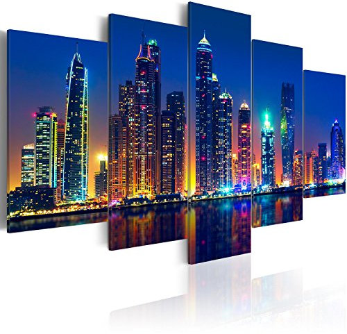 B&D XXL - Wandbilder XXL Dubai 200x100cm 5 tlg - Wand Deko Leinwand Bilder Groß Wanddeko Wohnzimmer Schlafzimmer Kunstdrucke - City Stadt Nacht d-C-0024-b-o