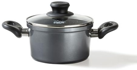 STONELINE Casserole 18 cm, 1,8 L, avec Couvercle en Verre, Compatible à l'Induction et au Four, Revêtement Antiadhésif avec de vraies particules de pierre, Gris