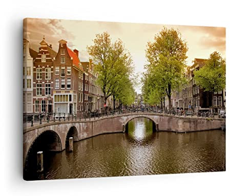 Bilder auf Leinwand Kanal Wasser Amsterdam Fahrrad Leinwandbild 70x50cm Wandbilder Dekoration Wohnzimmer Schlafzimmer Küche Deko Klein Wanddeko Bild Wand Kunstdruck Art Wall Decor Canvas AA70x50-2697