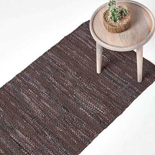 HOMESCAPES Leather Runner Denver Brown 66x200cm. Recycled Eco Friendly 100% real leather rug, Hall Runner.