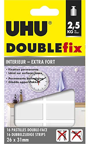 UHU Doublefix intérieur extra fort - Ruban adhésif double face, ultra puissant, blanc, 16 pastilles