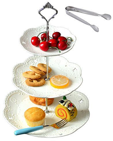 Jusalpha Présentoir à gâteaux à 3 étages en porcelaine à dessert avec support Silver.