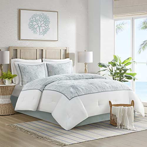 Harbor House Cotton Comforter Set - Coastal Oceanic Sealife Design, All Season Down Alternative Bedding with Matching Shams, Bedskirt, Maya Bay, Seafoam Blue Queen(92x96) 4 Piece