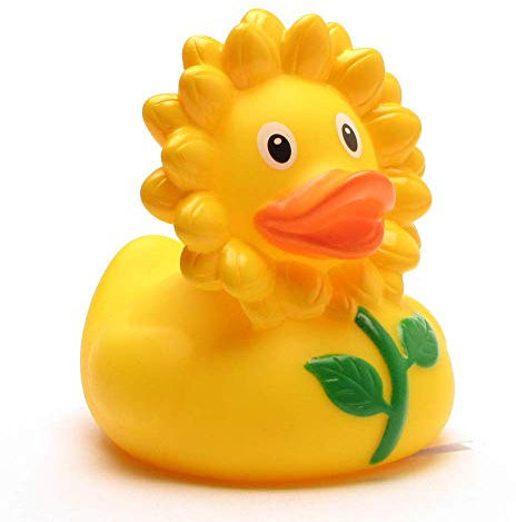 Duckshop I Badeente Sonnenblume I Quietscheente I L: 9 cm I inkl. Quietscheentchen-Schlüsselanhänger im Set I Geschenk für Blumen-Liebhaber I Präsent Sammler