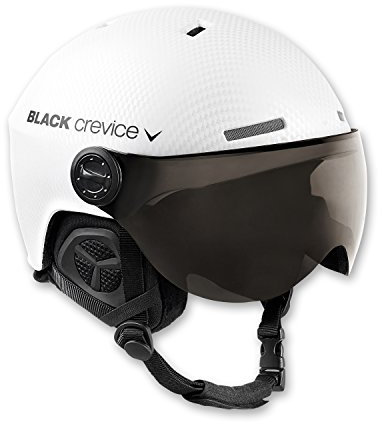BLACK CREVICE Casque de ski Gstaad I Casque avec visière en style pilote en différentes couleurs I Casque de ski hommes & femmes I Casque de ski en polycarbonate et respirant I Taille réglable (S/M, blanc carbone)