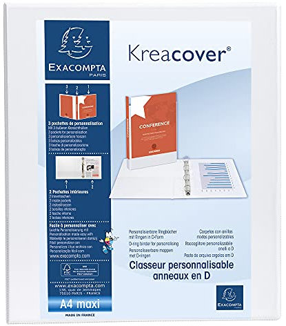 Exacompta 51826E Präsentationsringbuch KreaCover aus blickdichtem Kunststoff für DIN A4, 2-D Ring Mechanik 25 mm, Rücken 47 mm, weiß ideal für Schule und Büro Ringhefter Ringordner Ringbuchordner