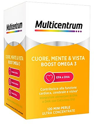 Multicentrum Omega3 Cuore, Mente & Vista Boost Omega 3, Integratore Alimentare di EPA e DHA, Tripla Azione Funzione Cardiaca, Cerebrale e Visiva, Senza Glutine, 120 Mini perle