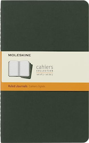 Moleskine Cahier Journal, Set 3 Notebooks with Ruled Pages, Cardboard Cover with Visible Cotton Stiching, Colour Myrtle Green, Large 13 x 21 cm, 80 Pages