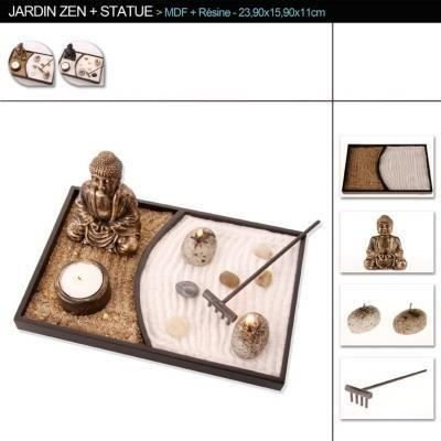 Japanischer Zen Garten meditierende Buddha Statue mit Zen Rechen Räucherstäbchenhalter Teelichthalter und Kerze als klasssisch asiatische Deko