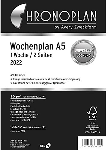 Chronoplan 50232 Kalendereinlage 2022, Wochenplan im A5 Format (148x210mm), Tage in Spalten, Ersatzkalendarium, ideal für detaillierte Wochenplanung, Multilochung (1 Woche auf 2 Seiten), weiß