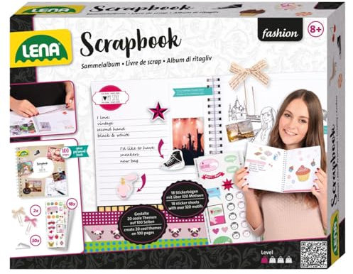 Lena 42332 Bastelset DIY Scrapbooking Sammelalbum, Scrapbook Fotobuch mit 100 Seiten, 50 Fotoecken, 2 Schleifenklammern und 18 Stickerbögen, für Kinder ab 8 Jahre, Mittel