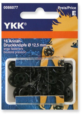 YKK 86077 Annäh-Druckknöpfe Messing 12,5 mm schwarz, 16 Stück