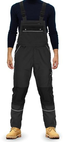 TMG® | Lange Arbeitslatzhose Herren, Schwarze Latzhose mit Kniepolstertaschen aus Cordura, viel Stauraum, robust | 98