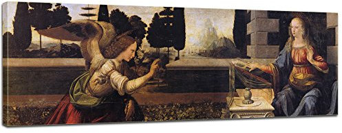 Bilderdepot24 Bild auf Leinwand | Leonardo da Vinci und Andrea del Verrocchio Verkündigung an Maria in 90x30 cm als Wandbild | Wand-deko Dekoration Wohnung alte Meister | 180138-90x30