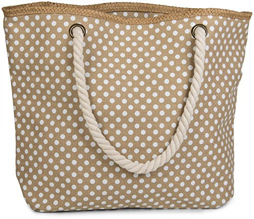 styleBREAKER Strandtasche mit Punkte Muster und Kordelgriffen | großes Hauptfach mit Reißverschluss | inkl. abnehmbarer Kosmetiktasche | Shopper Damen mit Bast-Detail, Farbe:Beige-Weiß