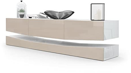 Vladon Lowboard City, Made in Germany, TV-Kommode mit Sockelelement, 1 offenem Fach und 3 Schubkästen, Weiß Hochglanz/Sandgrau Hochglanz (178 x variabel x 39 cm)