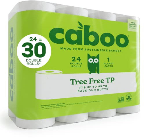 Caboo Baumfreies Bambus-Toilettenpapier, septisch sicher, biologisch abbaubar, umweltfreundlich, Tuch mit weichen, schnell löslichen 2-lagigen Blättern, 300 Blatt pro Rolle, 24 Doppelrollen