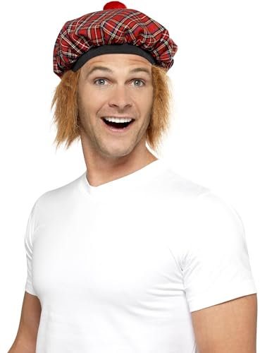 Smiffys Tam-O-Shanter Tartan Hat, Red Traditional Scottish Hat with Attached Hair and Pom Pom, Fun Around The World Fancy Dress Accessory, Cultural Theme Party Dress Up Hats for Adults